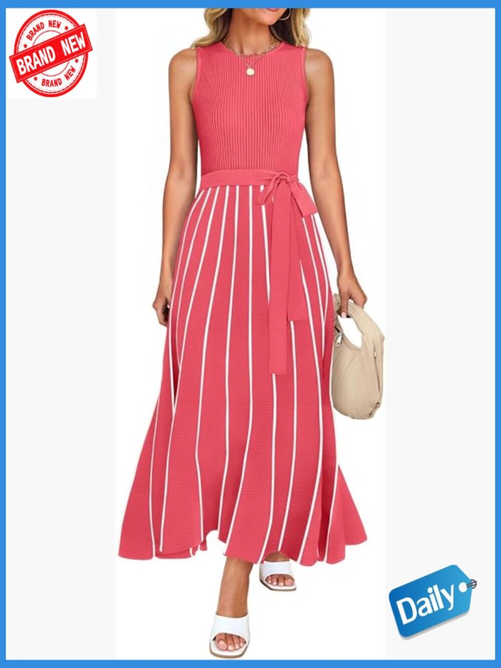 Sleeveless Crewneck Ribbed Knit Tie Waist Maxi Dress